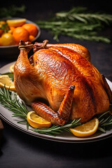 Beautiful close-up of delicious Thanksgiving turkey nicely decorated on a plate, made with generative AI