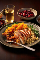 Beautiful close-up of a delicious Thanksgiving dish nicely decorated on a plate, made with generative AI