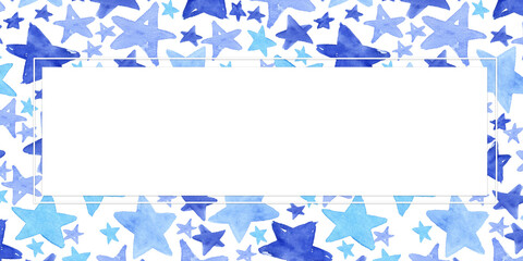Rectangular frame of blue and blue watercolor stars. Watercolor illustration, hand-drawn and isolated on a white background. postcard, poster, invitation, card,tag, printing