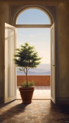 Serene Room with Potted Plant and Garden View.
