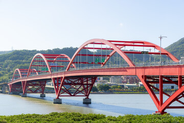 Fototapeta na wymiar Red Guandu Bridge in Tamsui of Taiwan