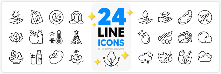 Icons set of Fishfinder, Snow weather and Milk line icons pack for app with Insomnia, Sun protection, Co2 thin outline icon. Startup, Cloudy weather, Organic tested pictogram. Water drop. Vector