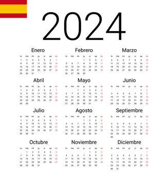 Spanish 2024 calendar. Vector design template start from monday. Full months for wall calendar