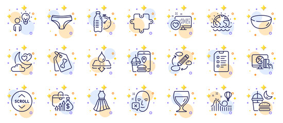 Outline set of Dress, Fitness water and Water resistant line icons for web app. Include Heart, Disaster, Face declined pictogram icons. Checklist, Night eat, Group people signs. Vector