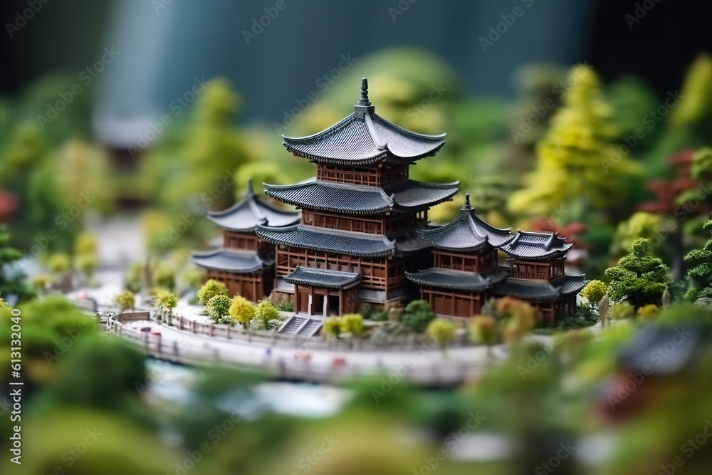 Poster a miniature model of a japanese building surrounded by trees. generative ai.