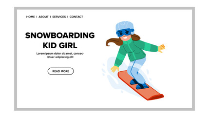 snowboarding kid girl vector. active snowboard, winter season, sport activity, child happy, snow fun snowboarding kid girl web flat cartoon illustration