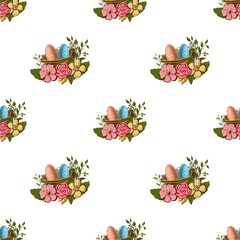 Seamless pattern Easter bunny and easter eggs. Bunny ears with eggs and flower. Spring illustration. Hand draw sketch for digital paper, fabric, textile, background