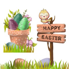 Easter bunny and easter eggs. Bunny ears with eggs and flower. Spring illustration. Hand draw sketch background, kids
