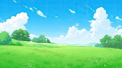 Fototapeta na wymiar Green meadow with blue sky and white clouds