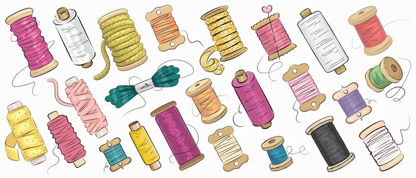 Hand drawn colorful spool of thread set isolated on white background. Sewing supplies. Vector illustration