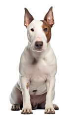 A cute bull terrier with brown and white fur sitting, isolated (Generative AI, Generativ, KI) - obrazy, fototapety, plakaty