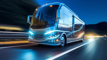 RV (Recreational Vehicle) of a beautiful Transportation with futuristic design. AI Generated.