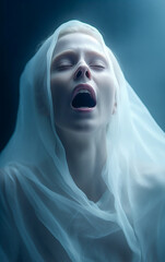 Veiled woman with very white skin and ethereal appearance screaming