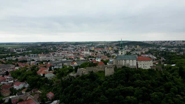 Panoramic drone footage of Nitra and Nitra Castle, landmark, Slovakia, 4k