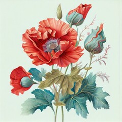 Poppy Flower Botanical Illustration, Wild Red Flowers Realistic Painting, Abstract Generative AI Illustration