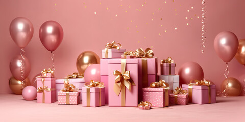 Obraz na płótnie Canvas A bunch of pink and gold gift boxes and balloons. Generative AI. Christmas gift boxes on pink.