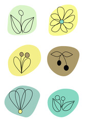 Set of abstract botanical images with flowers, cherries and leaves, with yellow, brown and green spots in the background, digital freehand drawing.