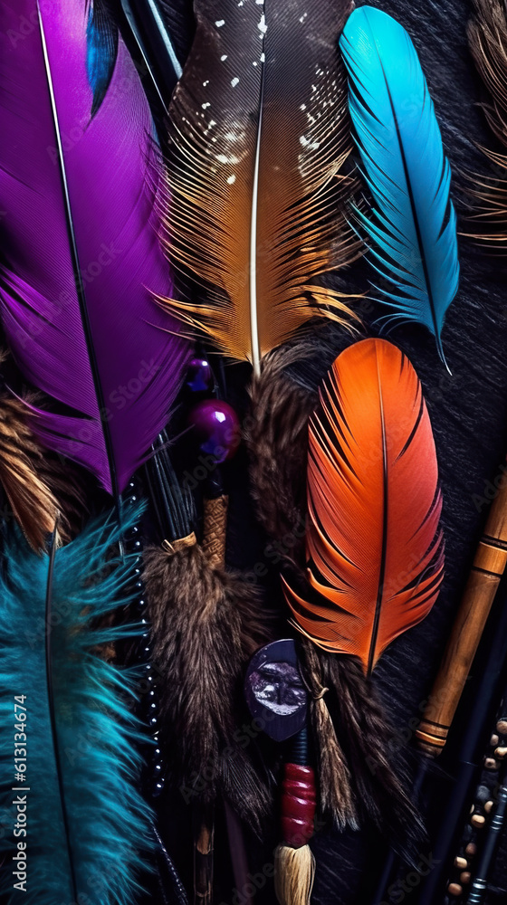 Poster a bunch of feathers are laying on a table. generative ai.