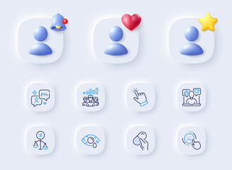 Social media, Teamwork results and Consulting line icons. Placeholder with 3d bell, star, heart. Pack of Conjunctivitis eye, Capsule pill, Discrimination icon. Dislike, Cursor pictogram. Vector