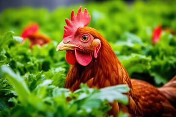 rooster or hen on field. farm animals. generative ai
