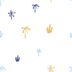 Fototapeta premium Small palm tree seamless pattern. Hand drawn tropical pant summer organic shapes. Beach vacation