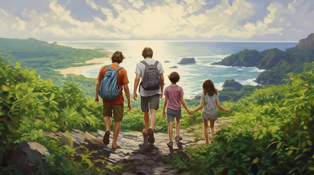 Embark on a memorable family hiking adventure, discovering scenic trails and embracing the beauty of nature. Witness their bond and spirit of exploration. Generative AI.