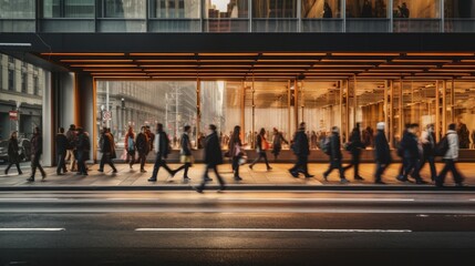 Step into the energetic urban landscape as a diverse group traverses a busy sidewalk, faces blurred with purpose. Capture the dynamic pulse of daily routines in the bustling city. Generative AI.