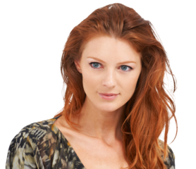 Face, beauty and red head woman with natural makeup and cosmetics. Portrait of ginger female model person from Ireland thinking of skin glow and hair shine isolated on transparent, png background