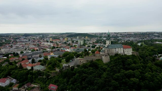 Stunning high angle view of the city of Nitra, Slovakia, Nitra Castle, 4k