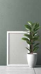 Plant and White Frame Mockup on Teal Background.