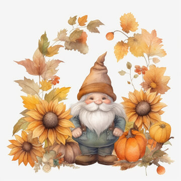 Autumn Gnome, Watercolor. Cute Fairy Tale Gnome with autumn Harvest, Sunflowers and pumpkin. Generative ai illustration