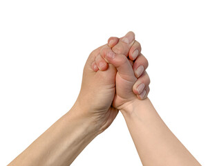 The hand of a child and an adult isolated on a white background. The child and the mother are...