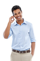 Phone call, portrait and business man with happy communication, networking and career news. Smile,...