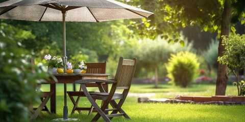 AI Generated. AI Generative. Summer garden picnic table party with umbrella. Coffee dinner family europe time. Graphic Art