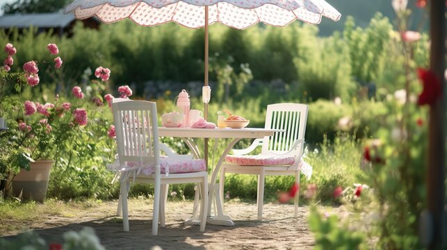 AI Generated. AI Generative. Summer garden picnic table party with umbrella. Coffee dinner family europe time. Graphic Art