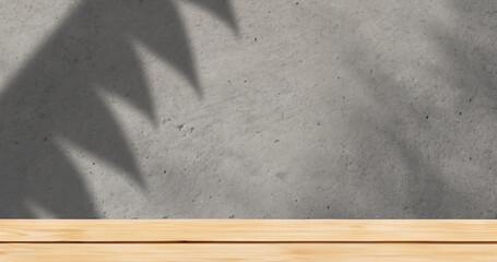 Realistic mockup wooden tabletop with cement wall in background,tree shadow scene Generative AI illustration