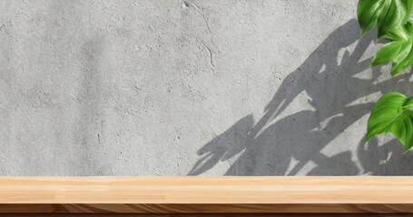 Realistic mockup wooden tabletop with cement wall in background,tree shadow scene Generative AI illustration