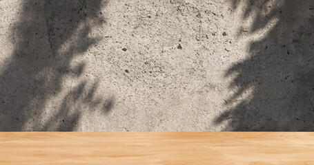 Realistic mockup wooden tabletop with cement wall in background,tree shadow scene Generative AI illustration
