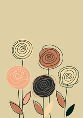 Vector abstract composition with flowers roses in pastel, coffee colors, hand drawn digital illustration.