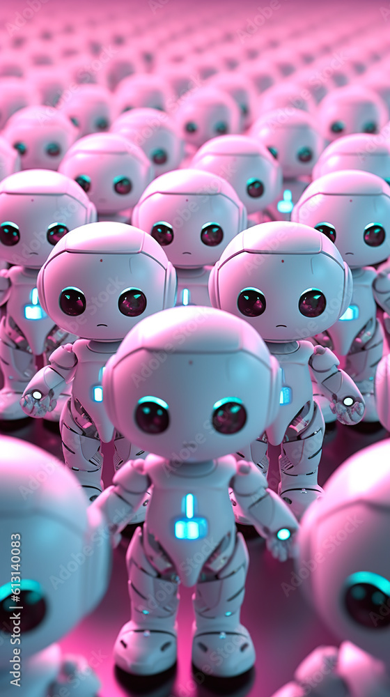 Poster a group of white robots with glowing eyes. generative ai.