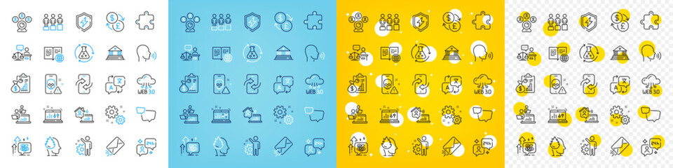 Vector icons set of Currency exchange, Internet book and Video conference line icons pack for web with Speech bubble, Consulting, Puzzle outline icon. E-mail, Phone transfer. Vector
