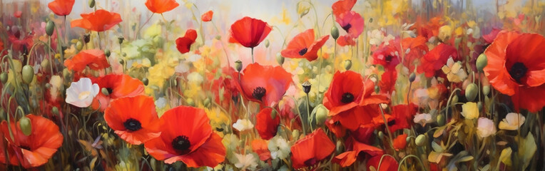 Horizontal banner with a view of a country field with close-up poppies flowers in summer, generated by AI