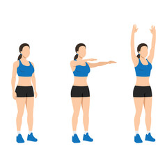 Woman doing double arm front raises to overhead extension. Flat vector illustration isolated on white background