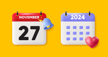 Calendar date 3d icon. 27th day of the month icon. Event schedule date. Meeting appointment time. 27th day of November month. Calendar event reminder date. Vector