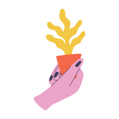 Doodle hand holds a flower in a pot. Concept of sharing plants, recycling old things. Eco friendly consumption of house plants. Vector illustration for postcards, invitations, posters, media.