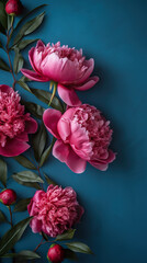 Obraz premium A bunch of pink peony flowers on a blue surface. Generative AI.