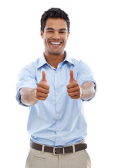 Thumbs up, portrait and business man isolated on a transparent png background. Happy, like hand...