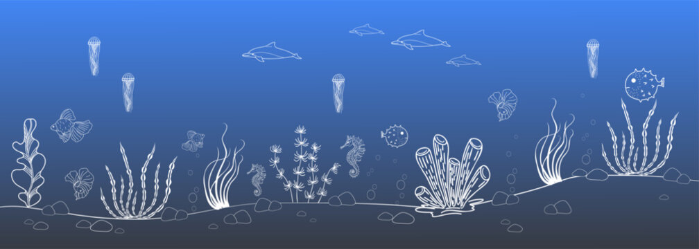 Linear illustration of a border with a seabed, fish, jellyfish