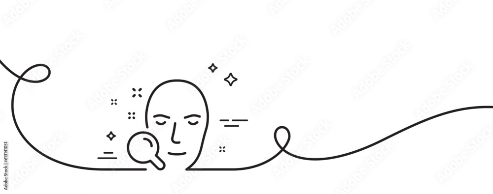 Poster face search line icon. continuous one line with curl. head recognition sign. face search single outl