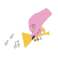 Doodle hand holding saxophone. Concept of sharing old toys, recycling old things. Hand drawn vector illustration for postcards, invitations, posters, media